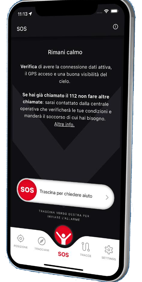 L'app GeoResQ: schermata SOS con il comando 'Trascina per chiedere aiuto'