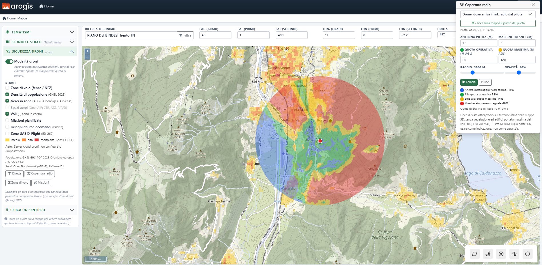 AROGIS – mappa con sicurezza droni e copertura radio